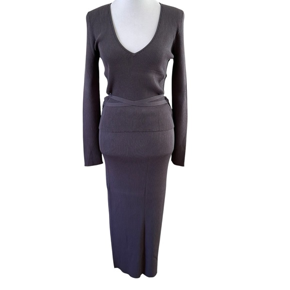 Zara Other - Zara Gray Ribbed Knit 2 Piece Skirt & Top Set With Side Opening & Tie Size NWOT